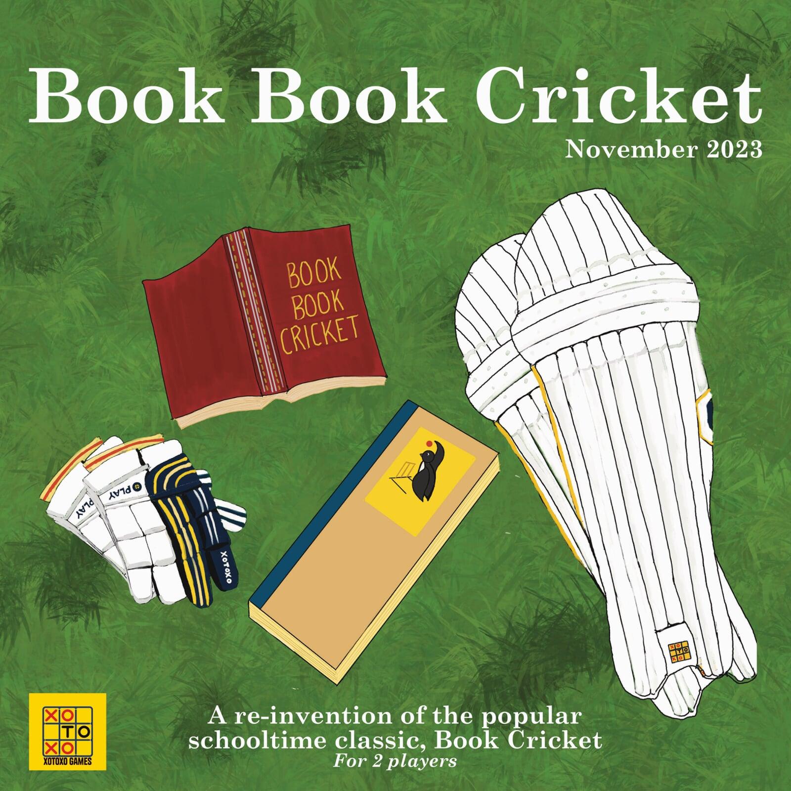 Book Book Cricket - a reinvention of the popular schooltime classic, Book Cricket. For 2 players. Image shows a set of batting gloves and pads, laid out on the grass next to two books, one coloured like a cricket ball, and the other coloured like a cricket bat.