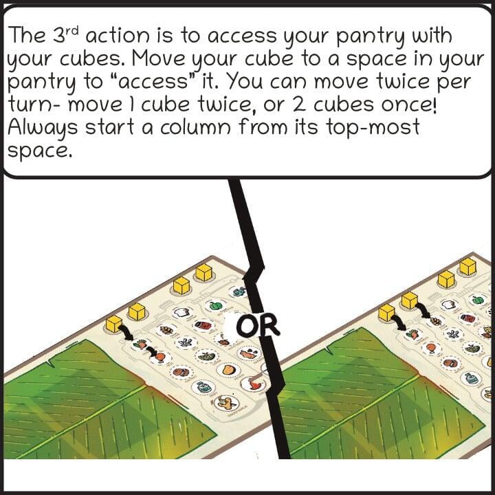 Rulebook illustration in comic style - showing two sections of a game board split in the middle, with the word "OR" in between. The bubble reads "The 3rd action is to access your pantry with your cubes. Move your cube to a space in your pantry to “access” it. You can move twice per turn- move 1 cube twice, or 2 cubes once!  Always start a column from its top-most space. "