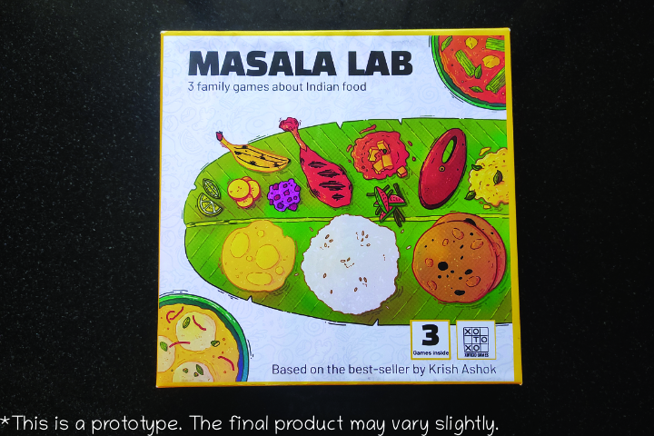 Board game Masala Lab placed against a black background. Title reads Masala Lab - 3 family games about Indian food. Based on the best-seller by Krish Ashok
