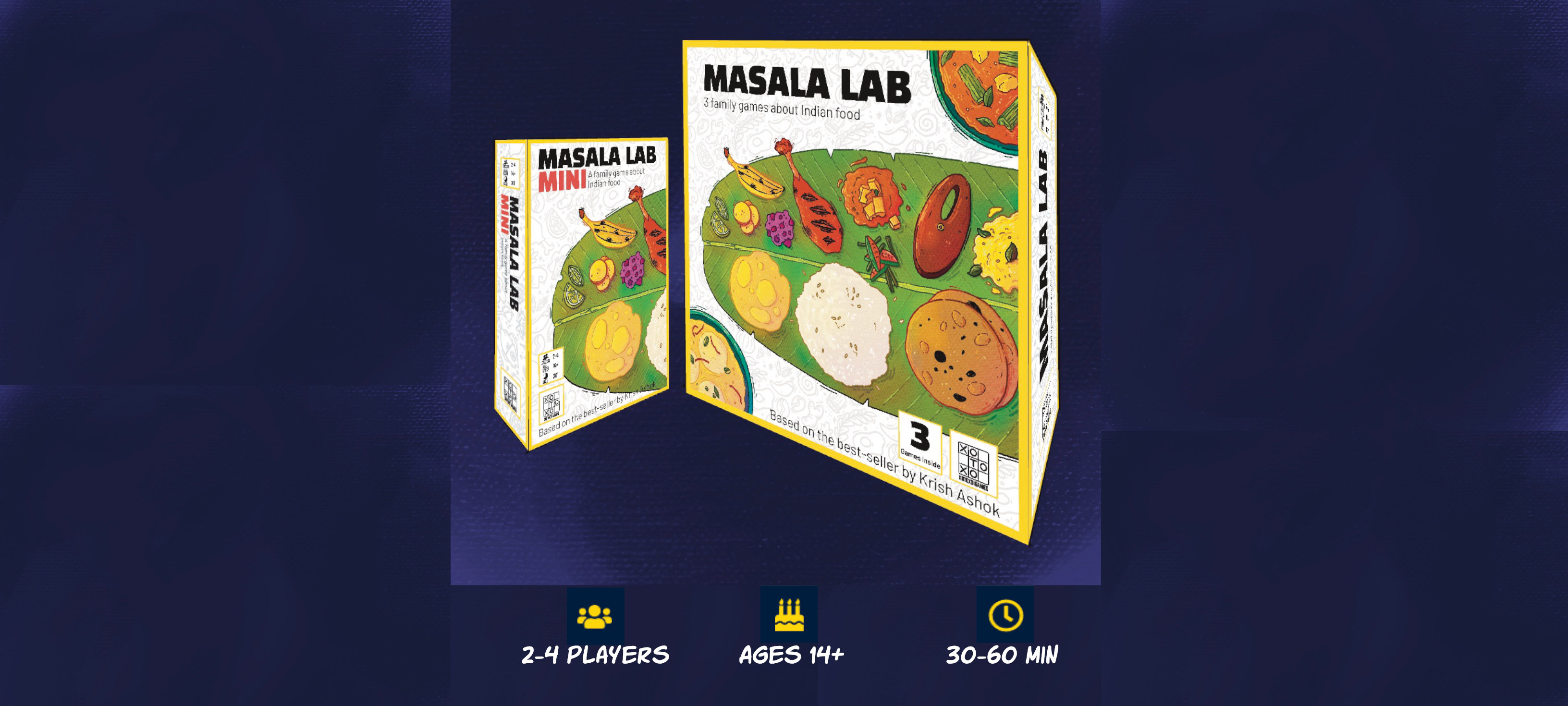 Boxes of the boardgame Masala Lab placed at angles facing each other on a navy blue background