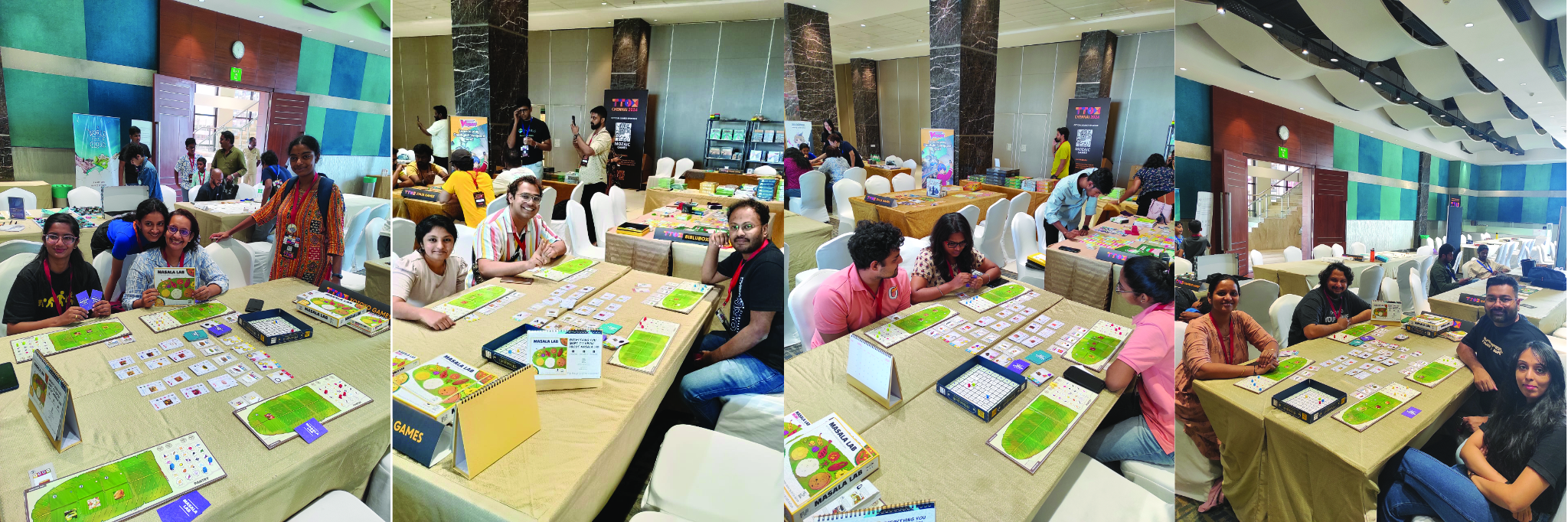 Collage of different photos of players sitting at a table, playing the boardgame Masala Lab