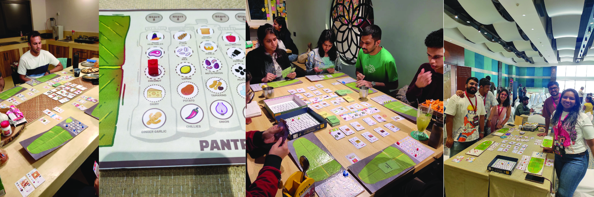 Collage of different photos of players sitting at a table, playing the boardgame Masala Lab