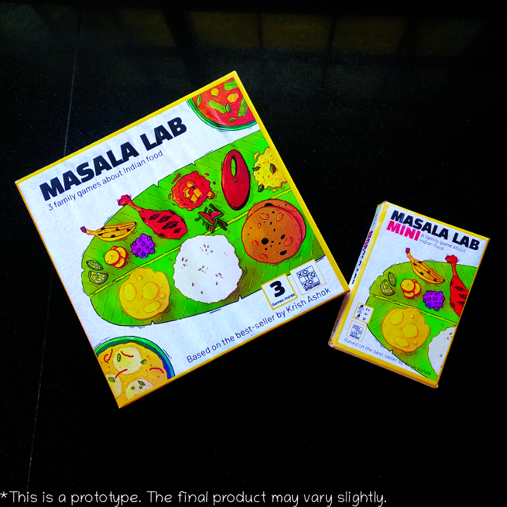 Two boxes of games named Masala Lab Mini and Masala Lab placed side by side, slightly angled and facing each other.