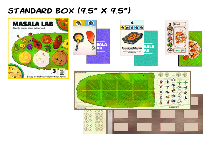 Boardgame Masala lab with contents spread around it. There are 3 packs of cards, a board with a banana leaf on it, and a comic-style booklet